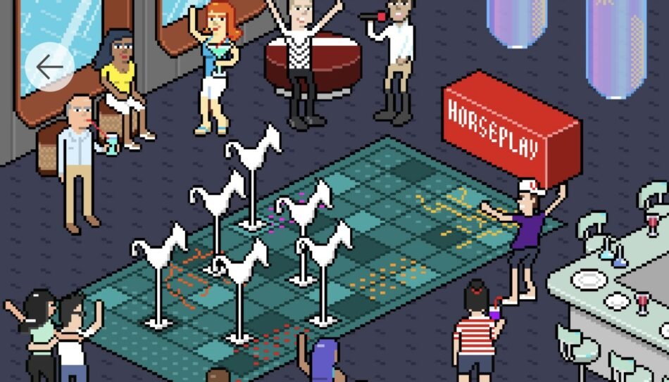 Hooseplay cruise ship nightclub with dancing guests and white decorative poles