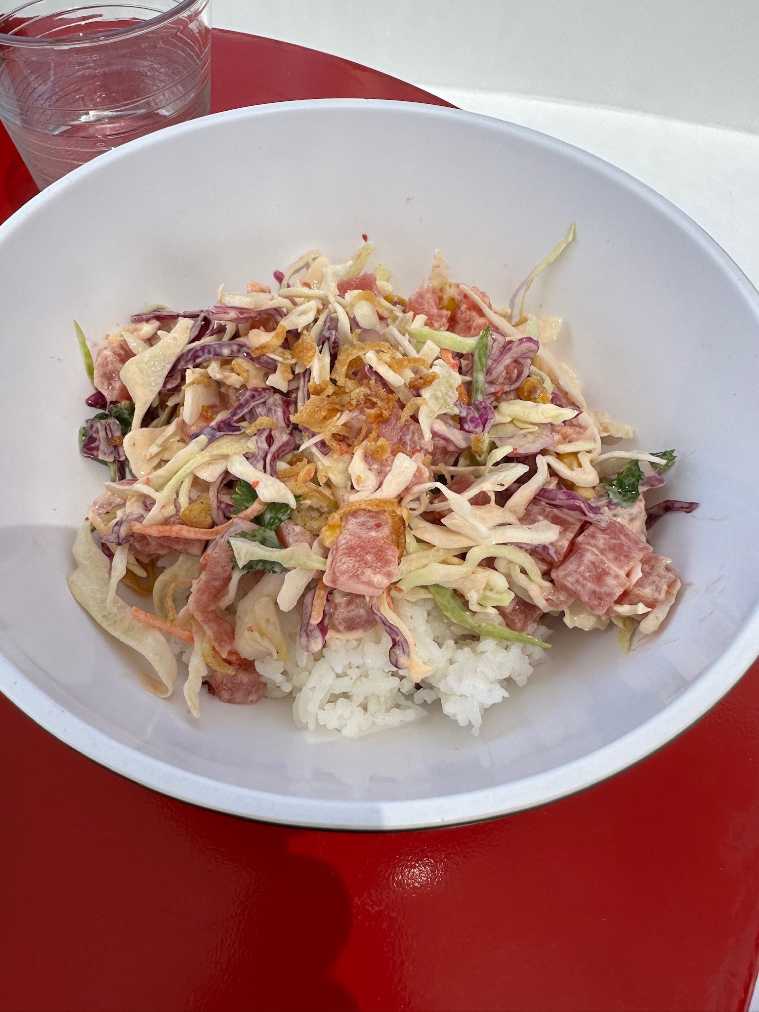 White bowl of rice topped with sliced salami, purple cabbage, crispy fried onions, and green onions