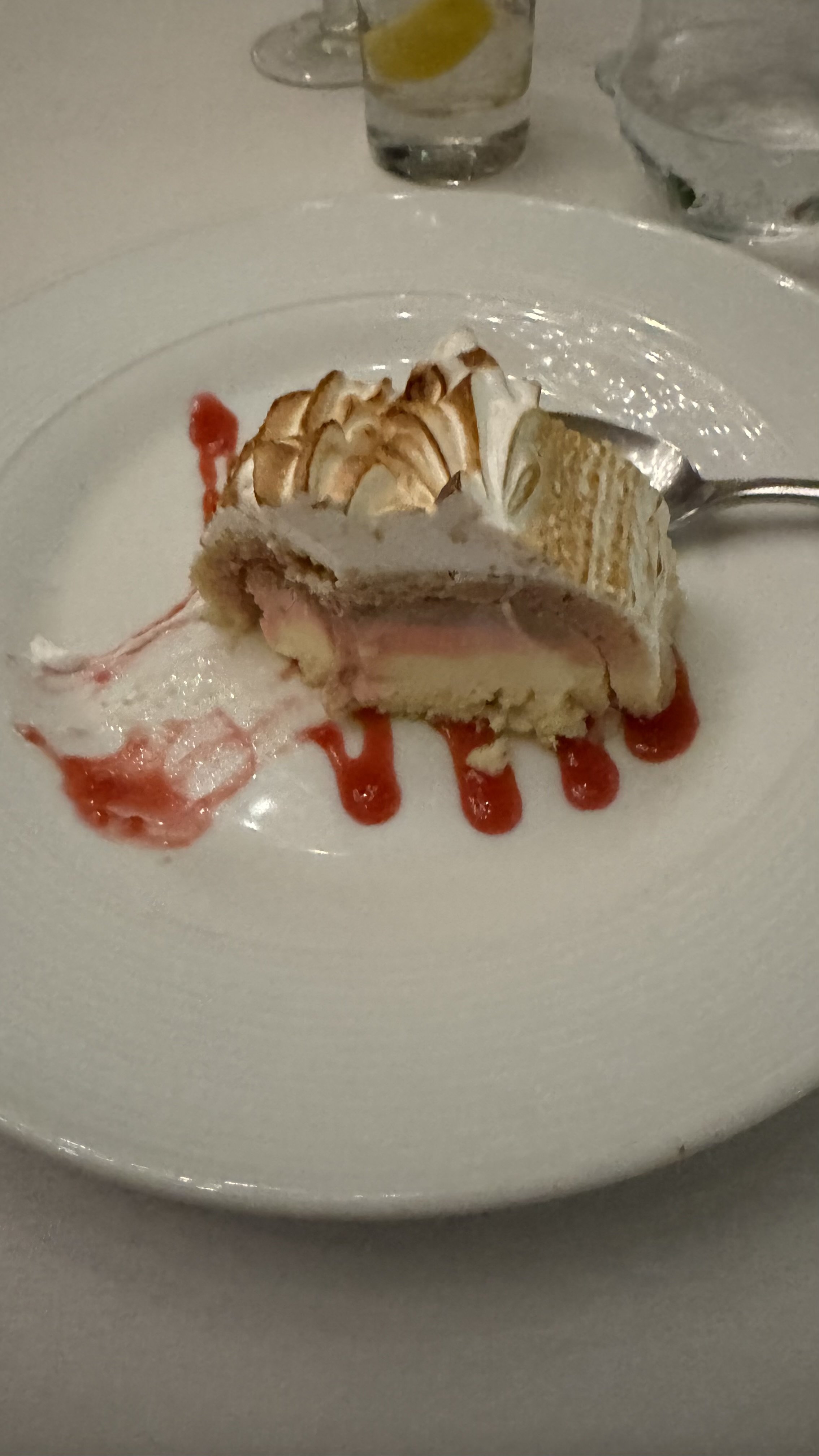 Elegant layered dessert with meringue and red fruit coulis plating